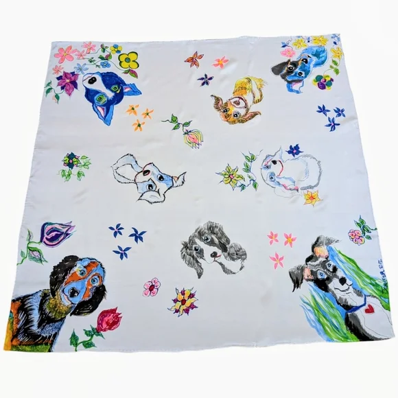 Spring Silk/satin Scarf Hand painted One of A Kind "Best Friends" Dog Print - Picture 4 of 14
